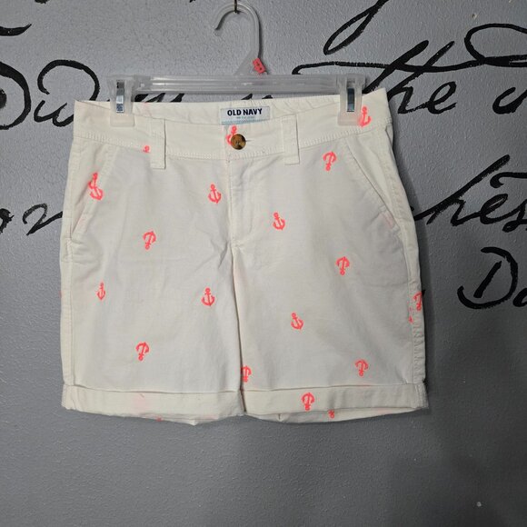 Old Navy White Bermuda Shorts with Neon Orange Anchor Embroidered Design, 0 - Picture 1 of 4